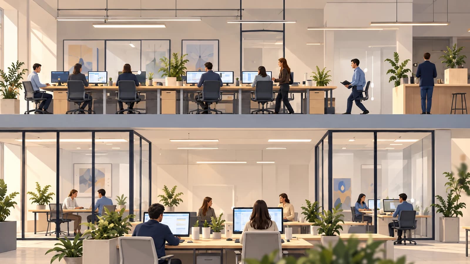 Equipos trabajando y colaborando en una oficina de dos plantas.